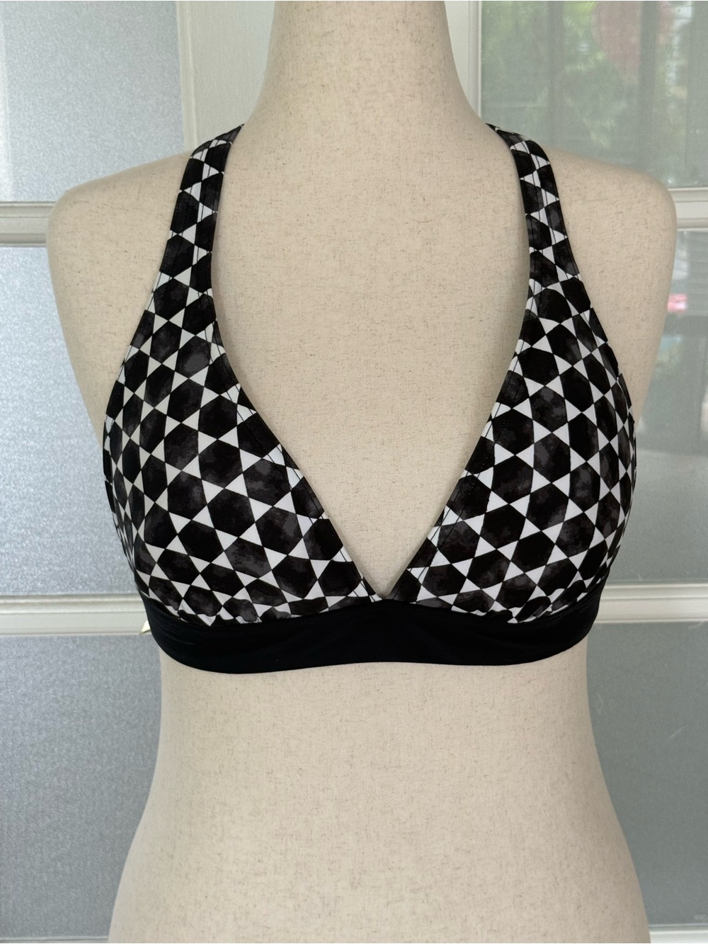Jag Geometric Triangle Bikini Top Size Large Black White Aqua Tie Back Swim